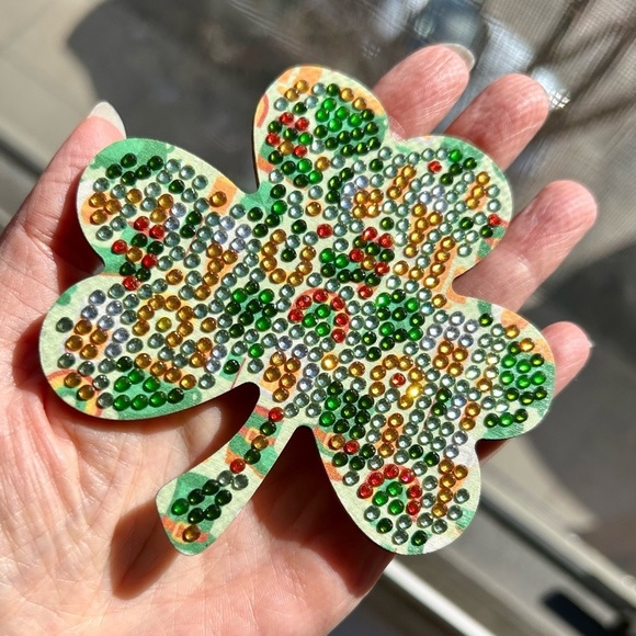 2/$16 - No. 09 - Sparkly, Diamond Art Shamrock Clover Holiday Coaster, Green - Picture 3 of 17